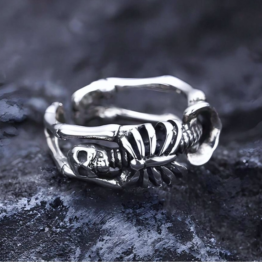 Antiqued Silver Adjustable Curved Skeleton Cuff Ring - Picture 3 of 3